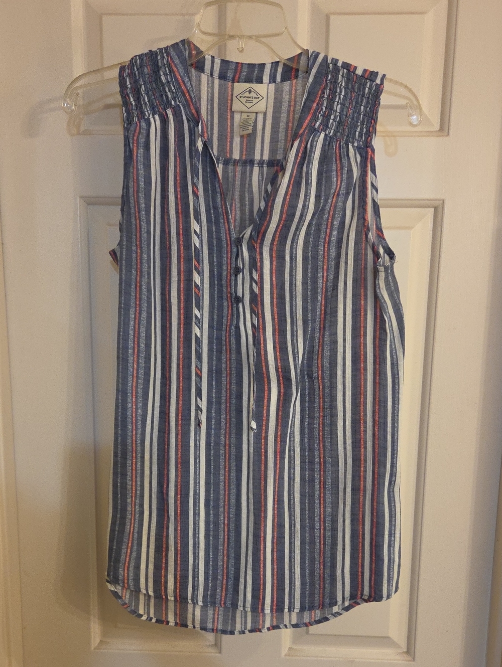 St. John's Bay Blue White Red Striped Sleeveless Tie Neck Top
